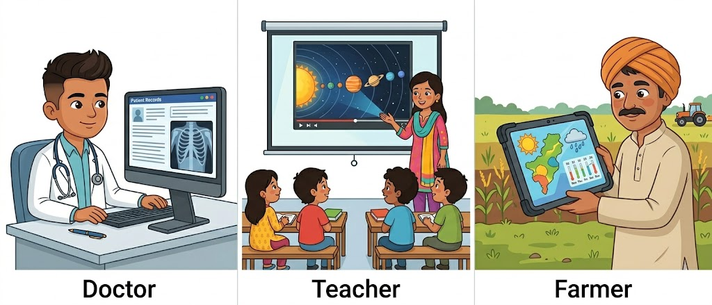 Computers used by professionals — doctor, teacher, farmer