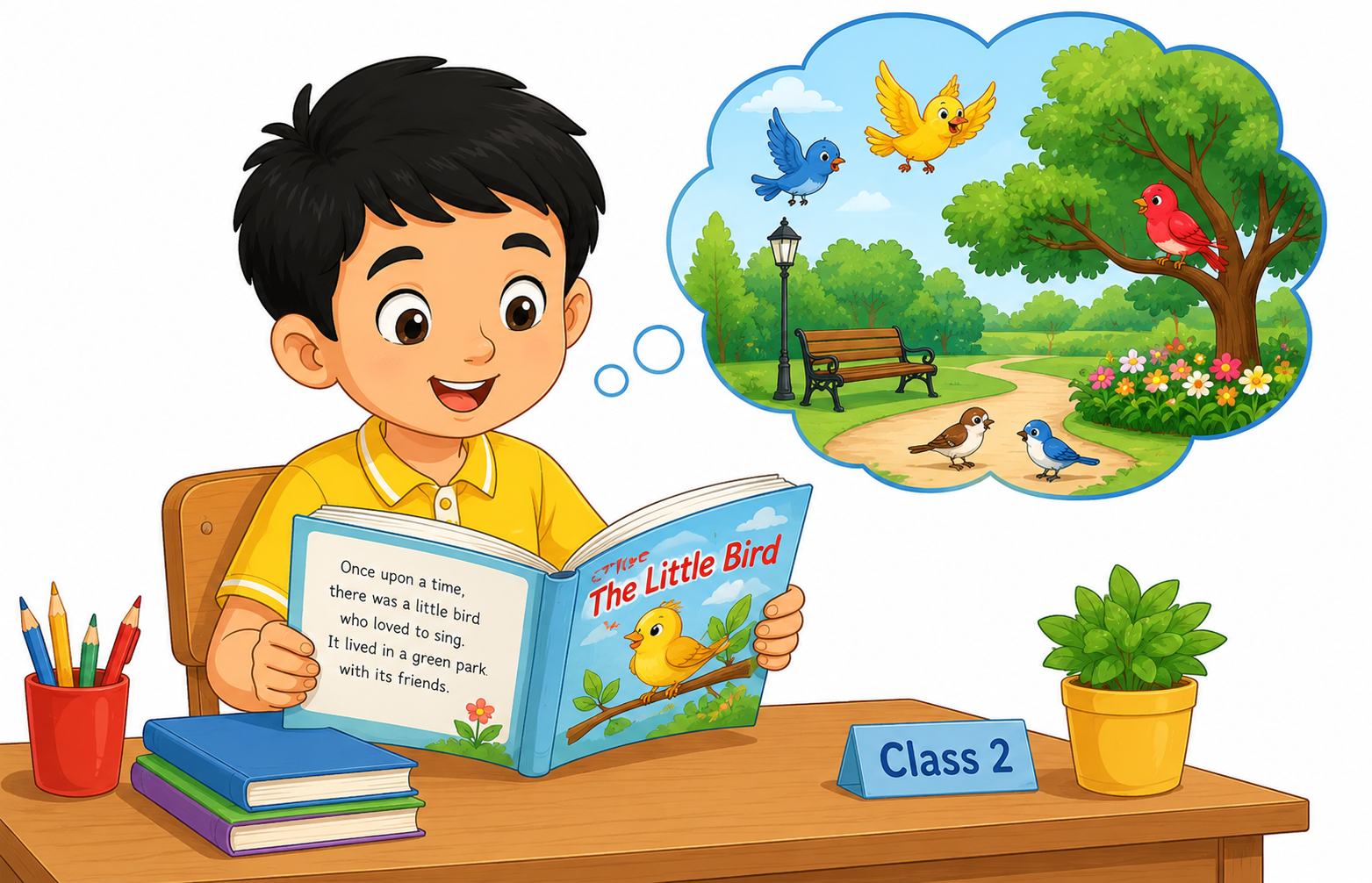Illustration of a child reading a book with thought bubbles showing comprehension