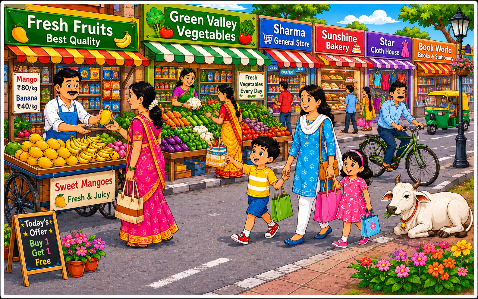 A busy Indian market with fruit seller, vegetables, people shopping, bicycle