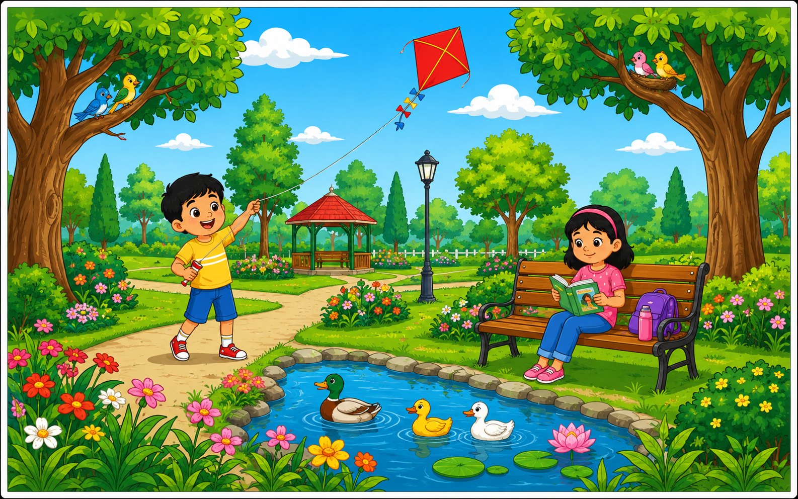 A park scene with children playing, trees, pond, birds, and blue sky