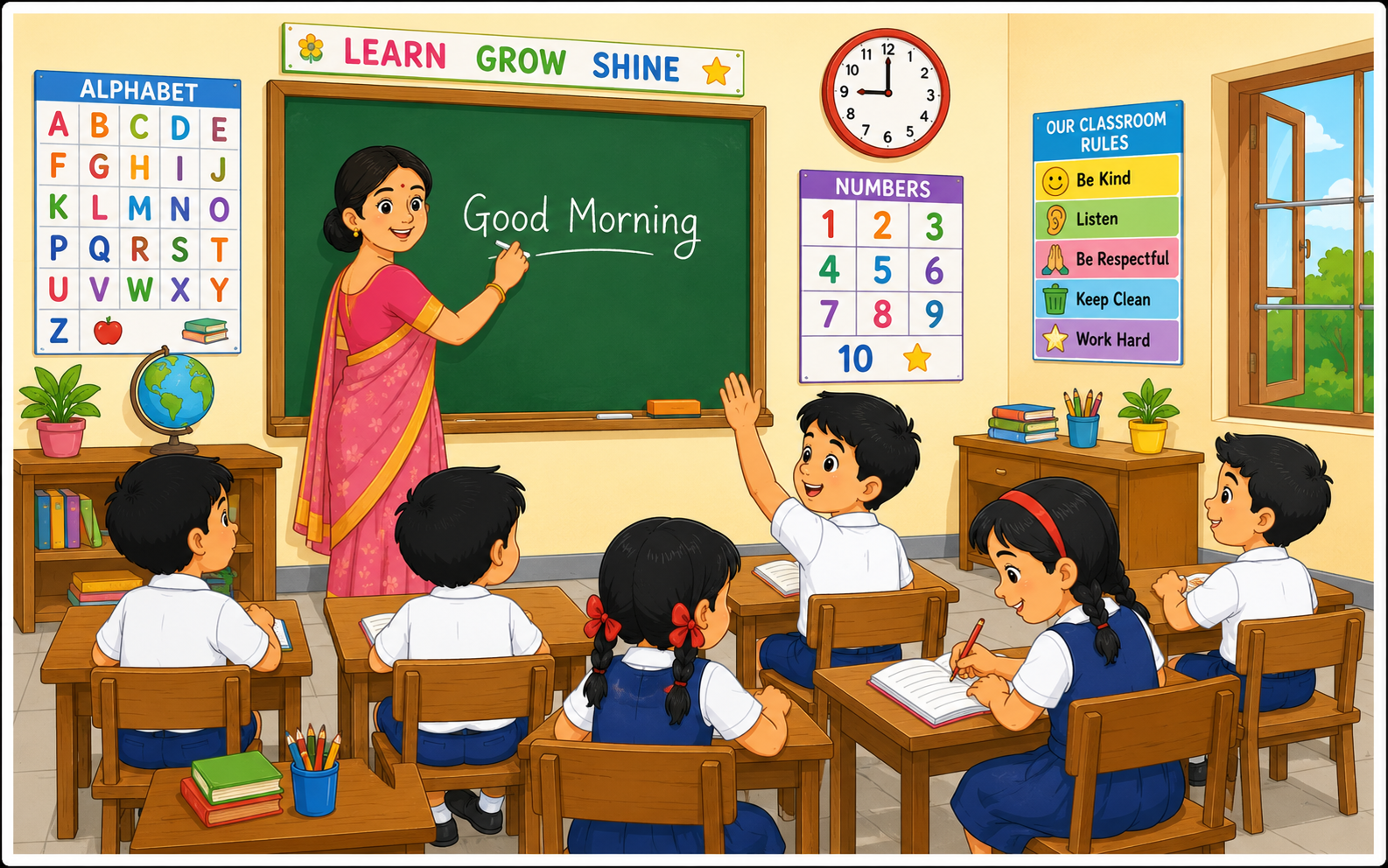 A classroom with teacher at blackboard, students on benches, charts on wall