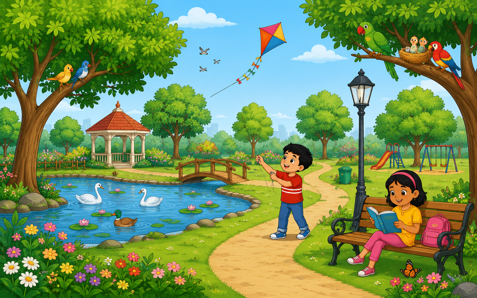 A park scene with children playing, trees, and a pond for picture description practice