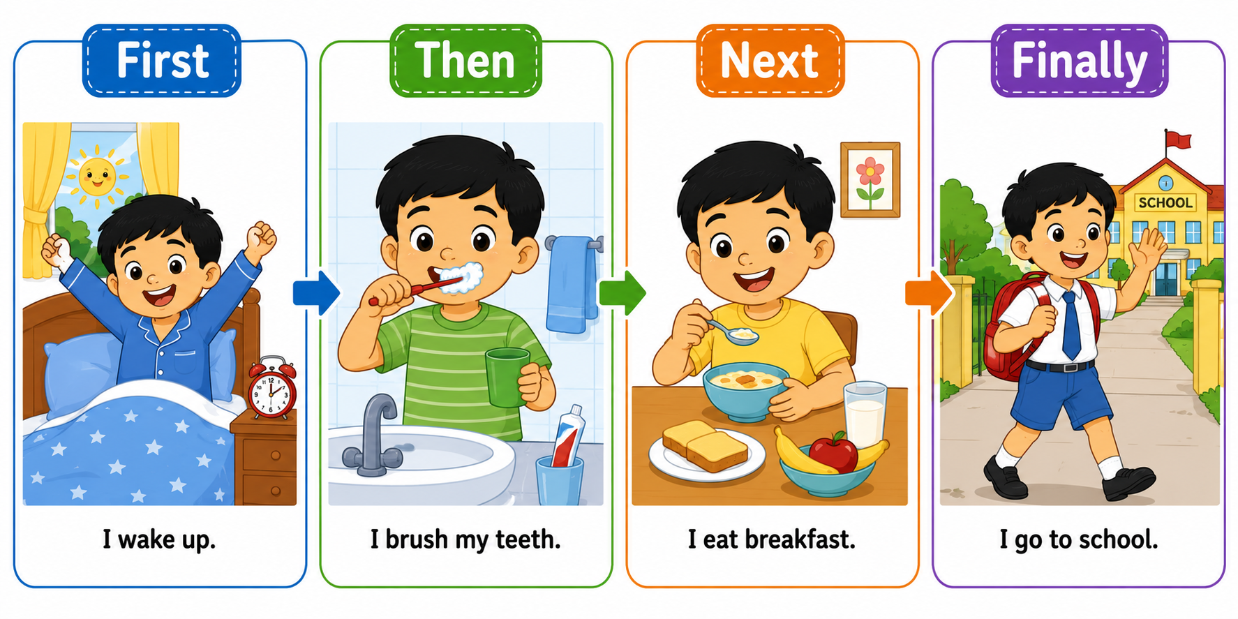 Four panels showing a child's morning routine in sequence - wake up, brush, eat, go to school