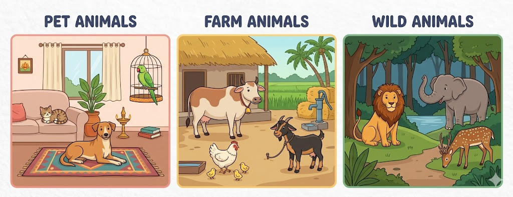 Three types of animals — pet animals, farm animals, wild animals