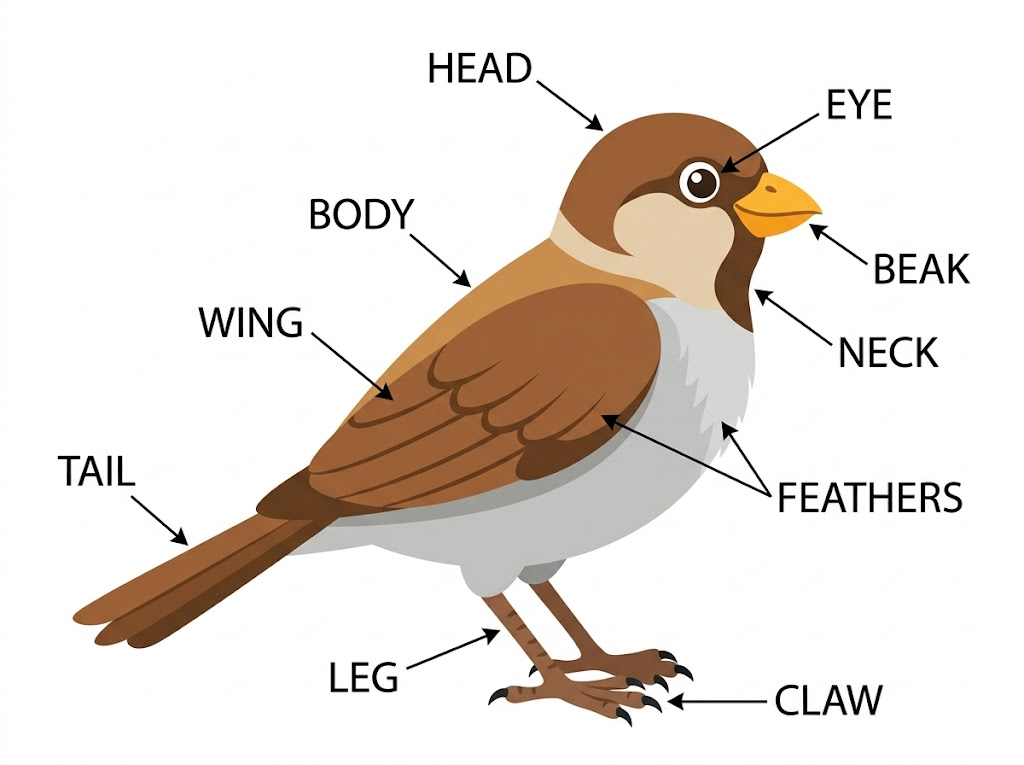 Labelled diagram of a bird showing beak, eye, wing, feathers, tail, leg, claw and body