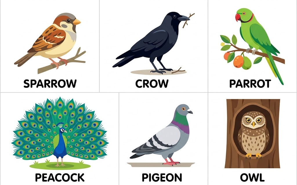 Six common Indian birds — Sparrow, Crow, Parrot, Peacock, Pigeon, Owl