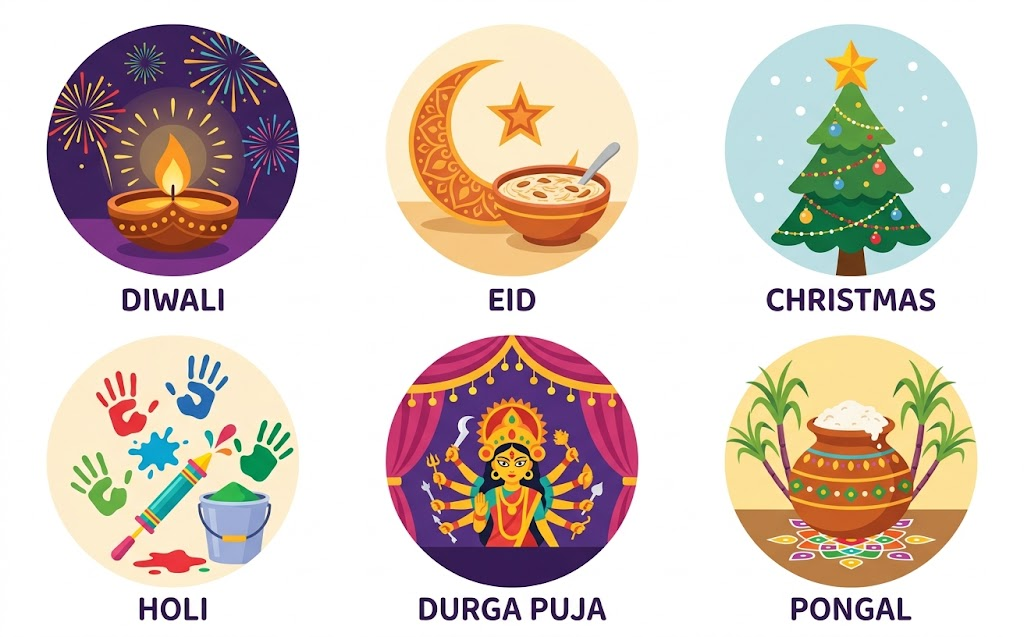 Six Indian festivals — Diwali, Eid, Christmas, Holi, Durga Puja, Pongal