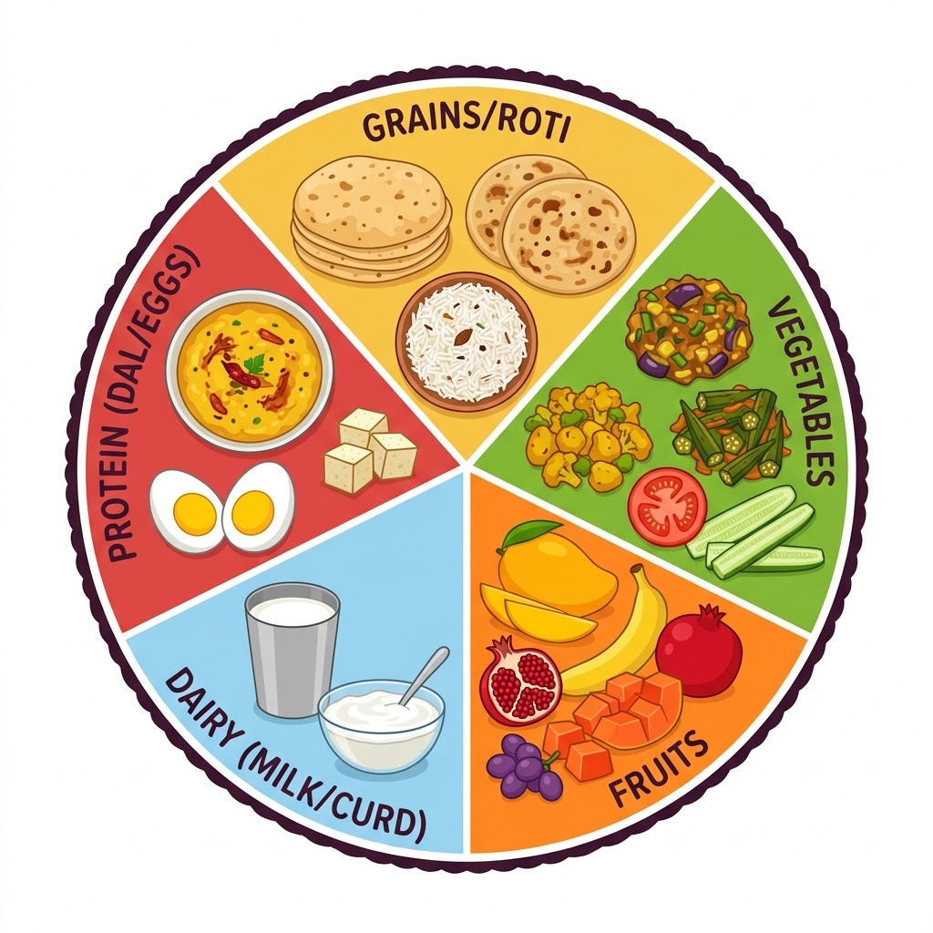 Food groups on a plate — grains, vegetables, fruits, dairy, pulses