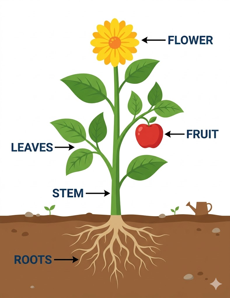 Labelled diagram of a plant — roots, stem, leaves, flower, fruit