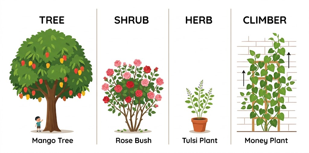 Four types of plants — Tree, Shrub, Herb, Climber
