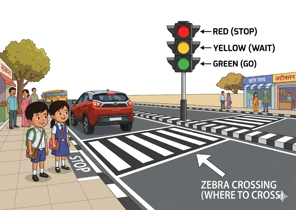 Road safety — traffic light, zebra crossing, children waiting to cross