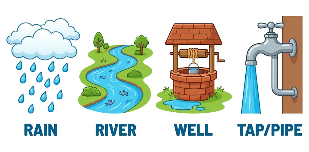 Four sources of water — rain, river, well, tap