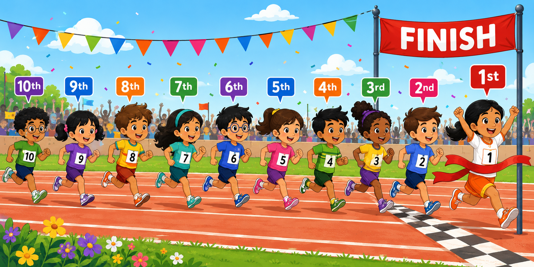 Children in a race showing ordinal positions