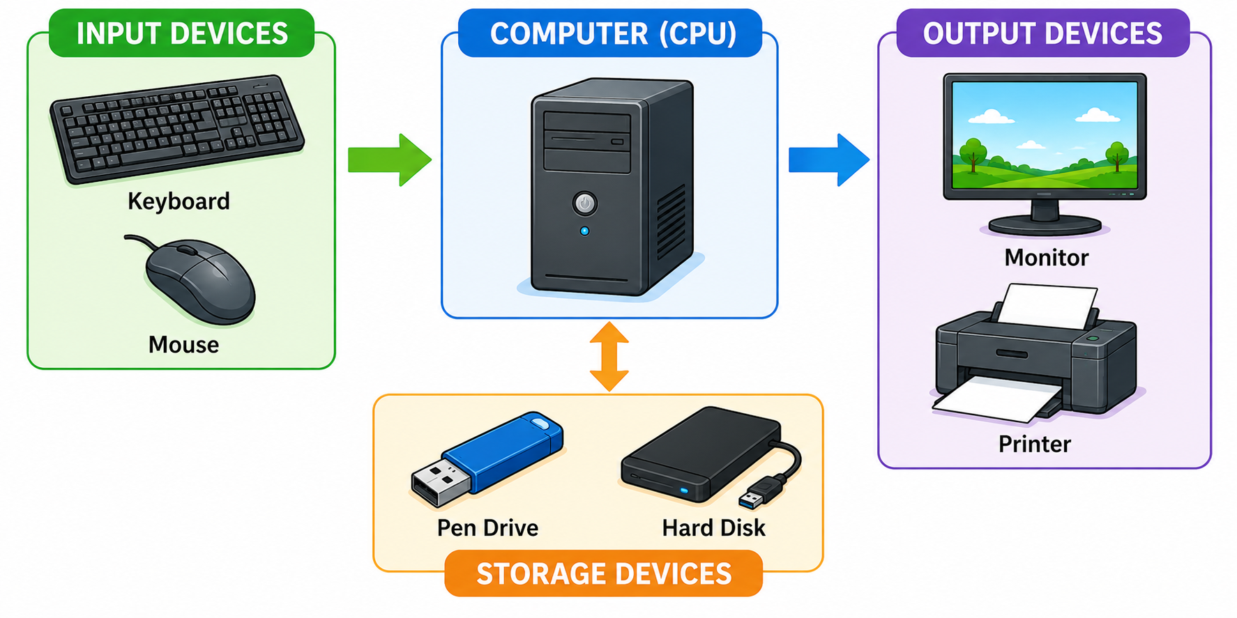 Flow diagram: Input devices → Computer → Output devices, with storage devices connected