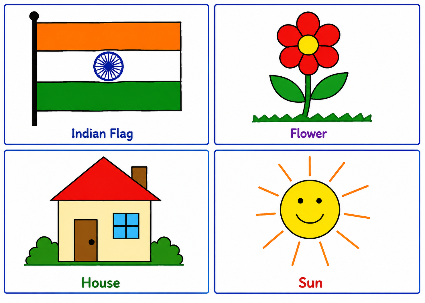 Sample MS Paint drawings — Indian flag, flower, house, sun