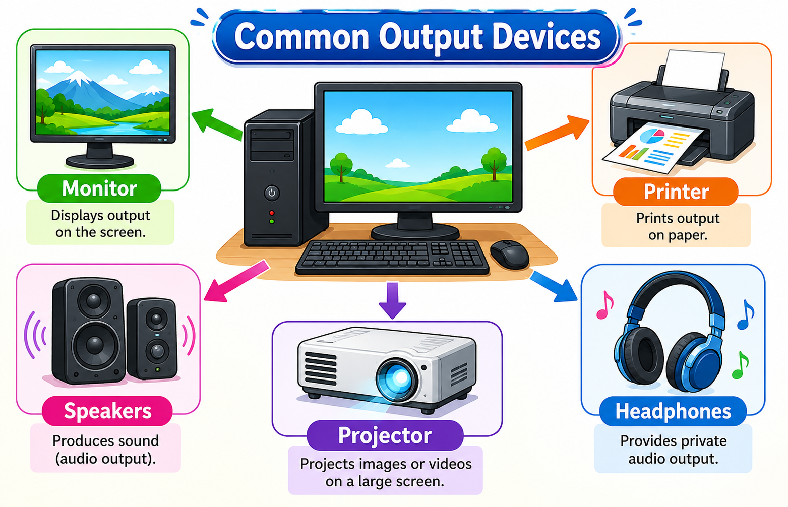 Common output devices — monitor, printer, speakers, projector, headphones