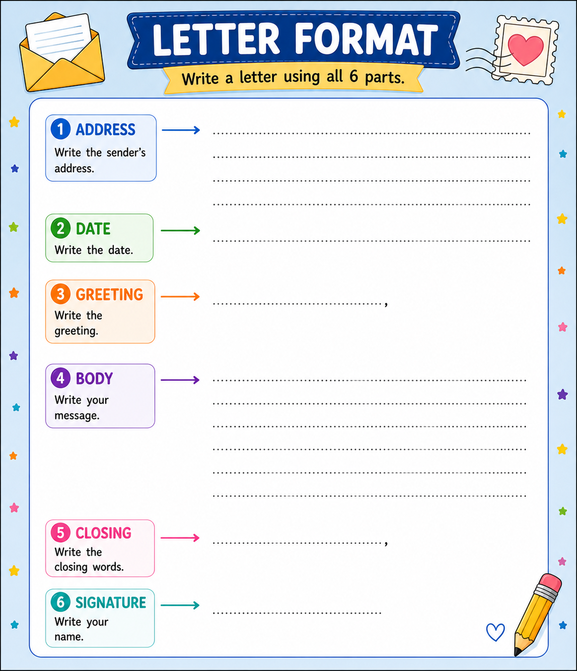Letter template with blank lines showing where each part goes