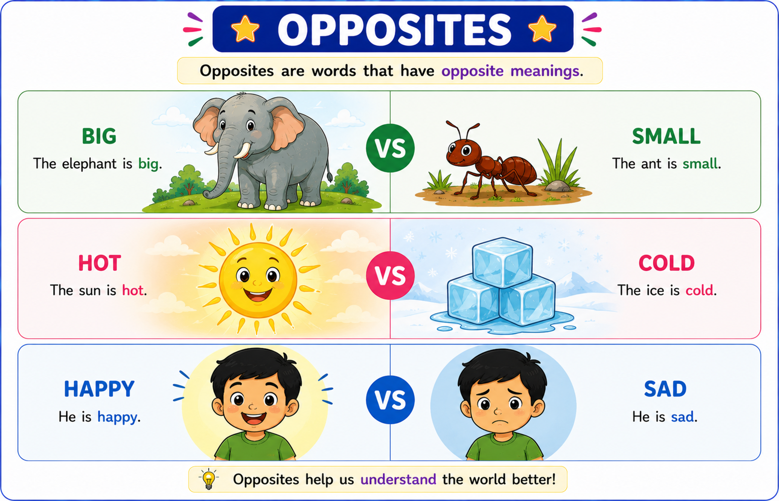 Pairs of opposites illustrated - big elephant vs small ant, hot sun vs cold ice, happy face vs sad face