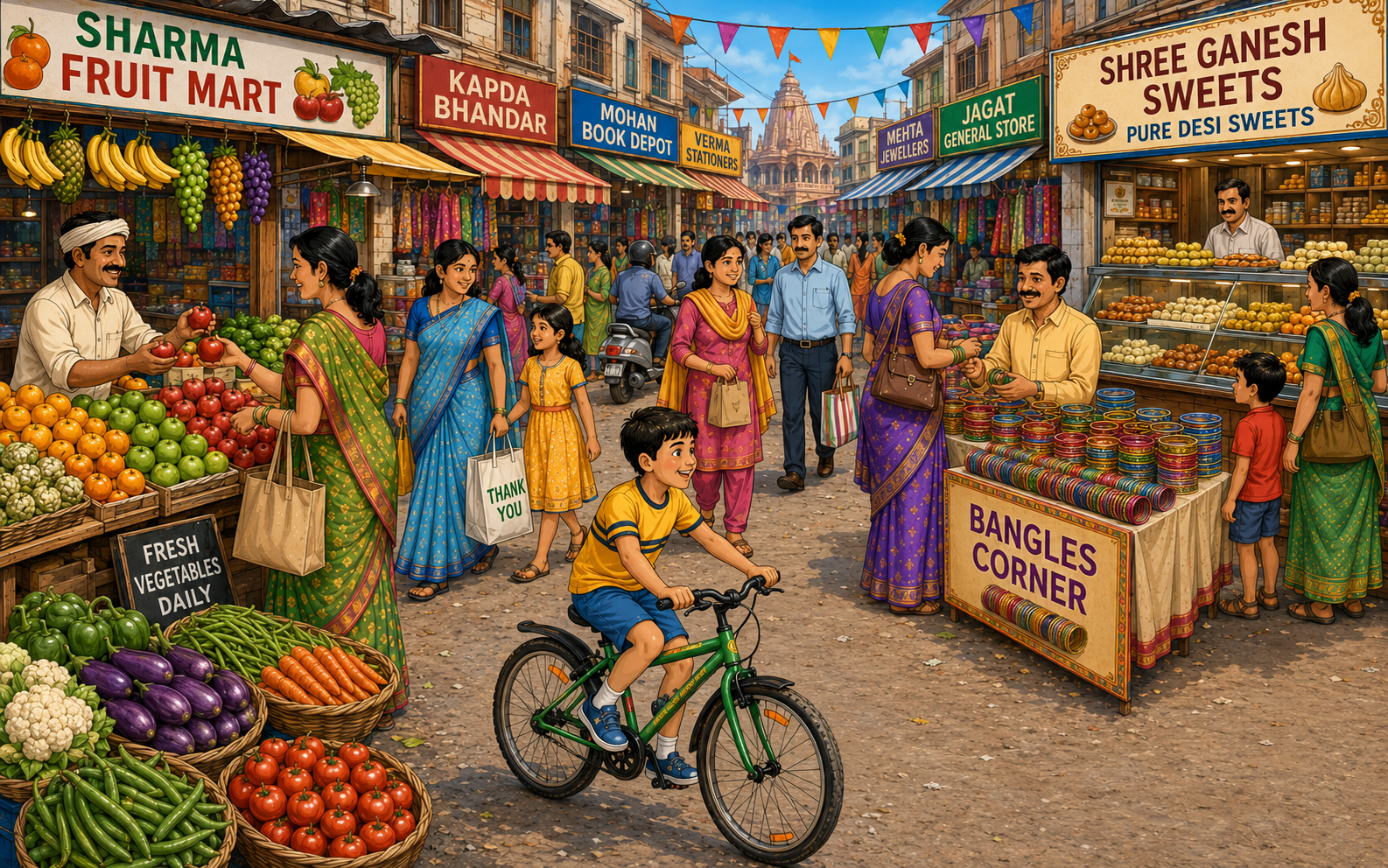 An Indian market scene with fruit vendors, bangle seller, sweet shop, customers in Indian clothing