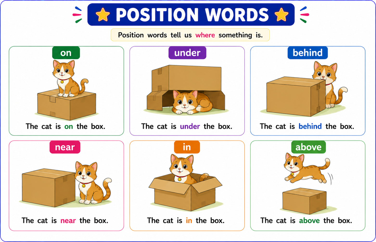 A cat shown in different positions relative to a box - on, under, behind, near, in, above