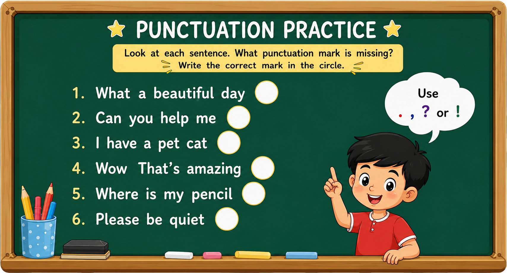 Sentences with missing punctuation marks for students to fill in