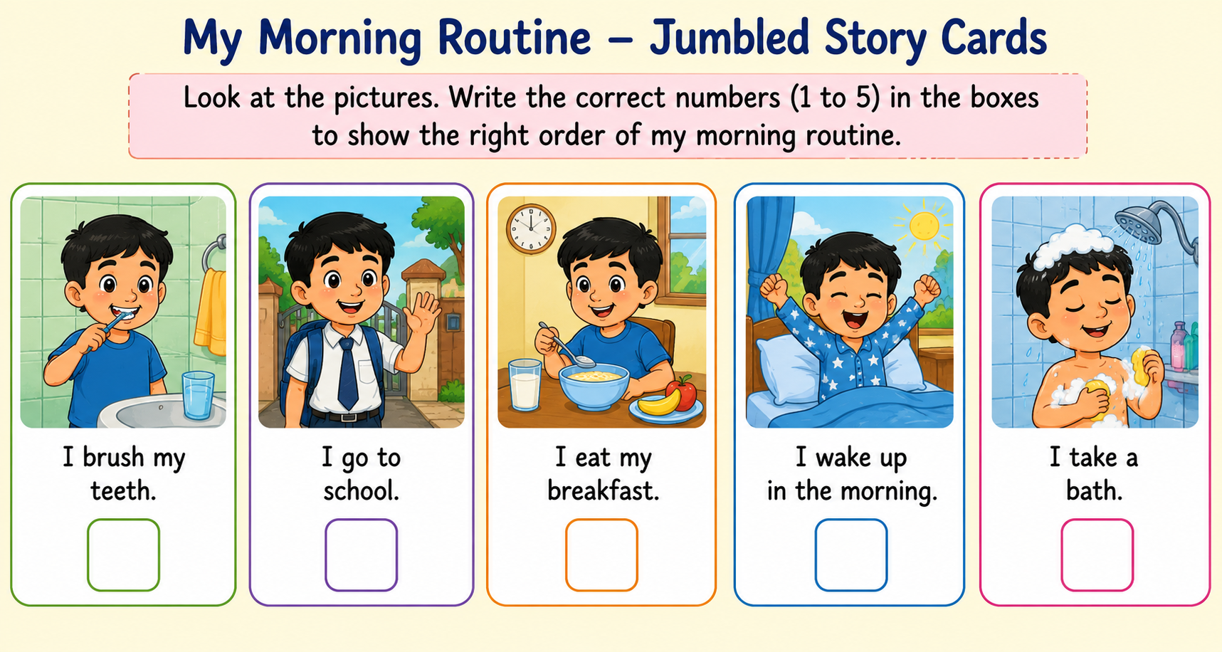 Jumbled story cards showing events of a morning routine for students to arrange in order