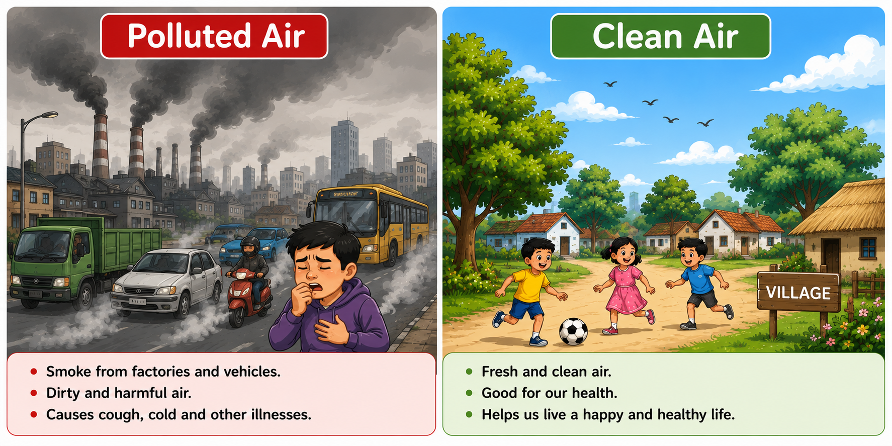 Polluted city vs clean village comparison