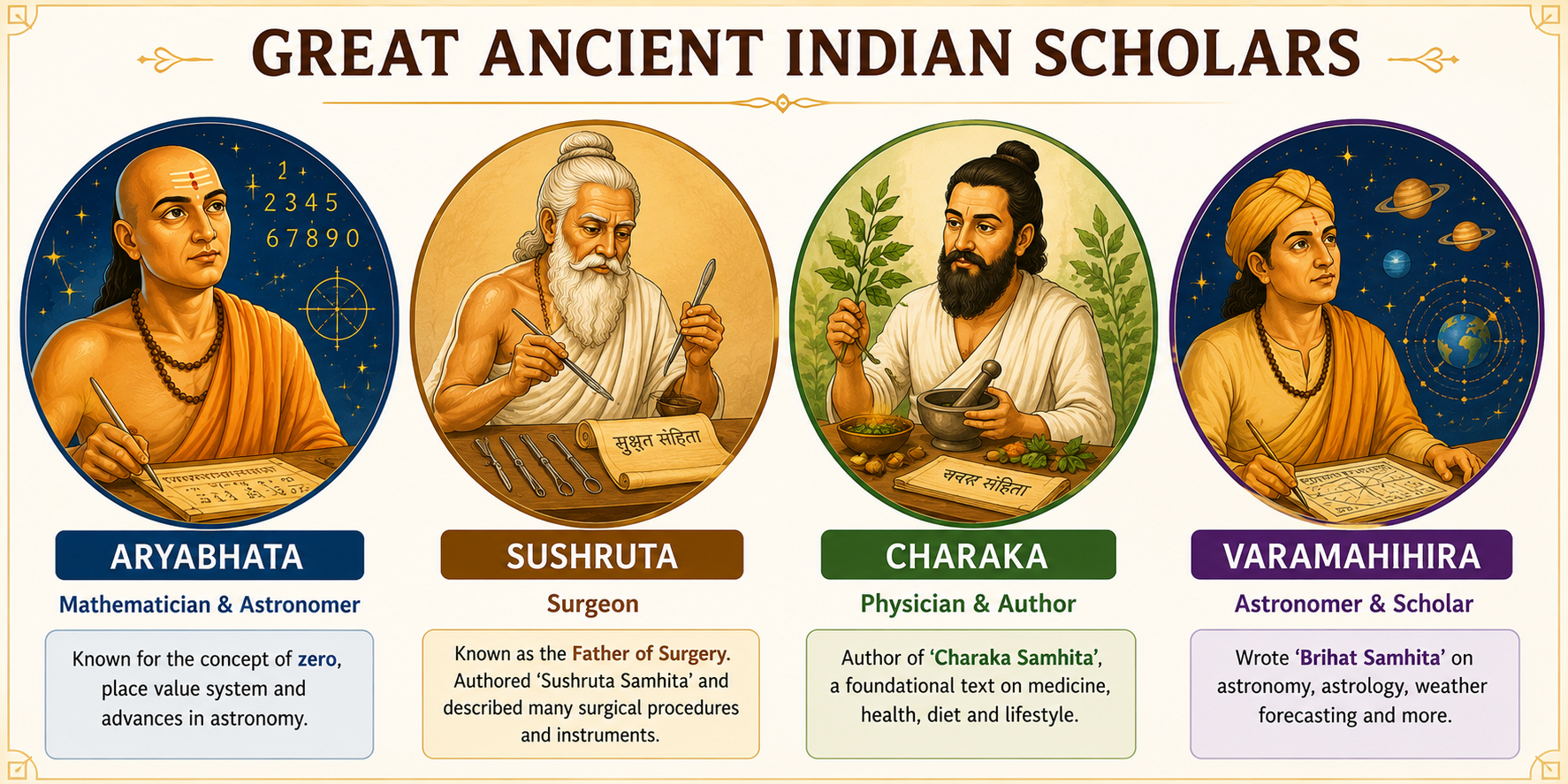 Four ancient Indian scientists — Aryabhata, Sushruta, Charaka, Varahamihira