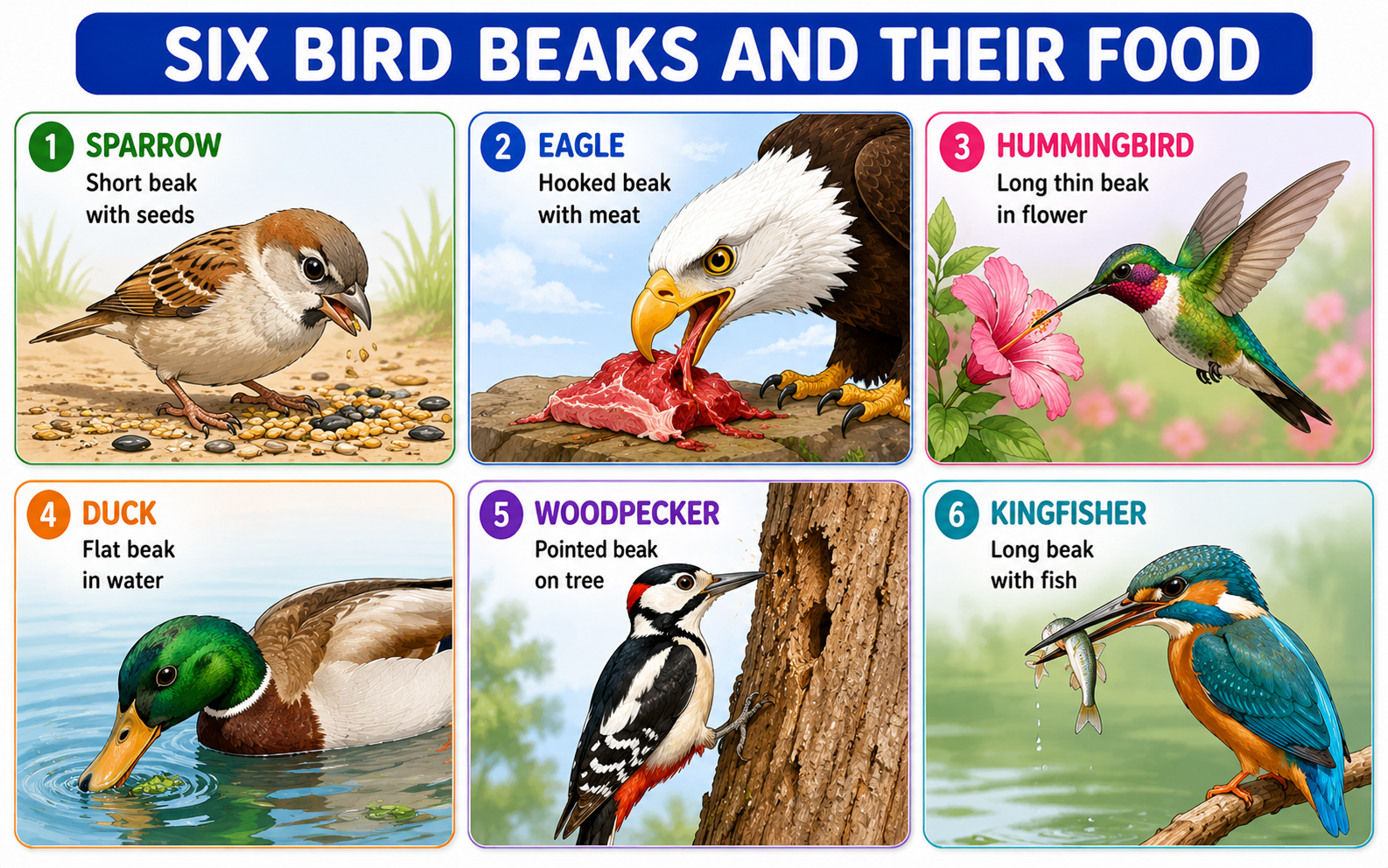 Six types of bird beaks with their food