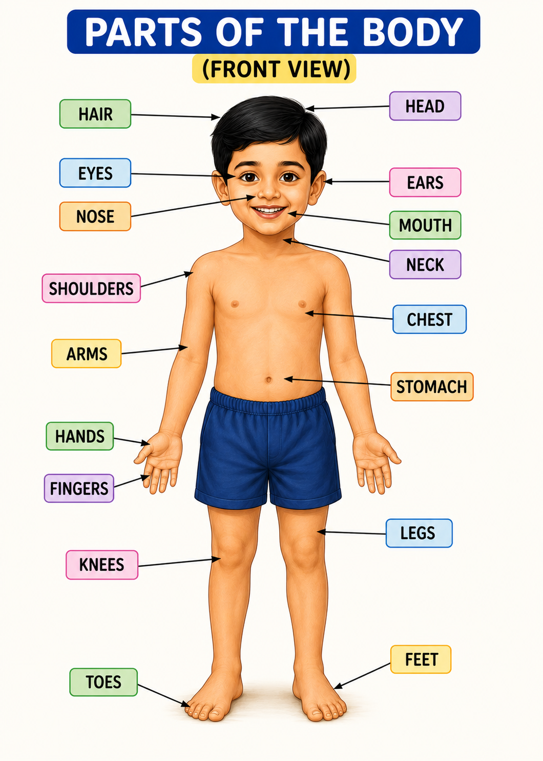 Labelled diagram of child body showing external parts