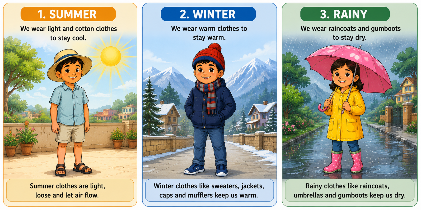 Clothes for three seasons — summer, winter, rainy