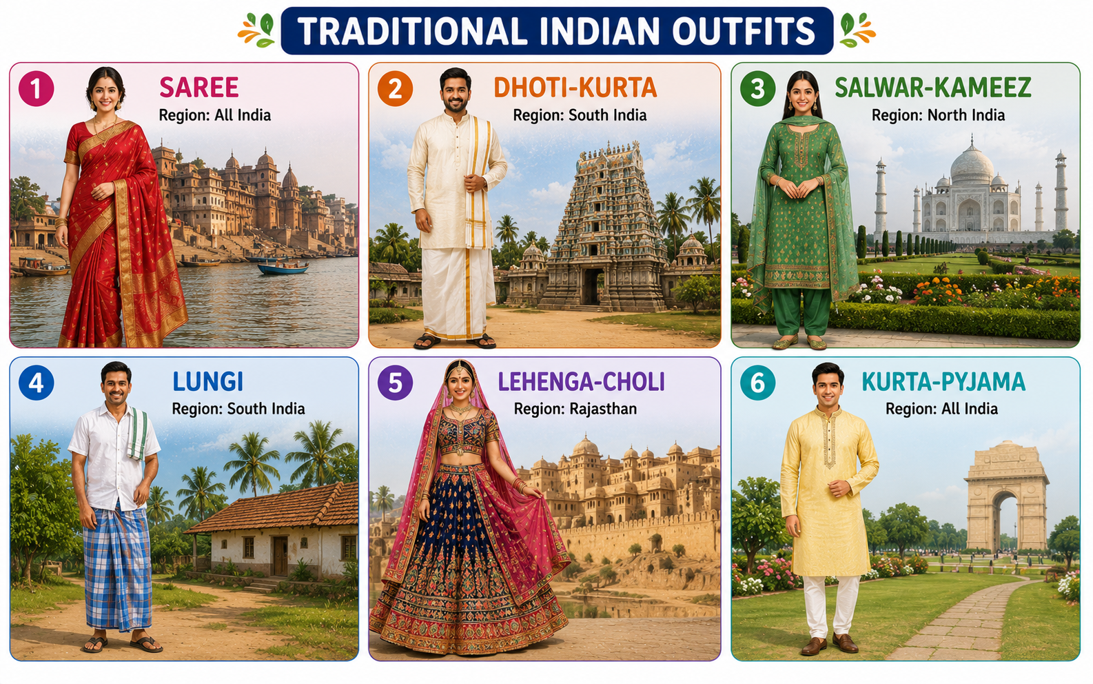 Six traditional Indian outfits — saree, dhoti, salwar-kameez, lungi, lehenga, kurta