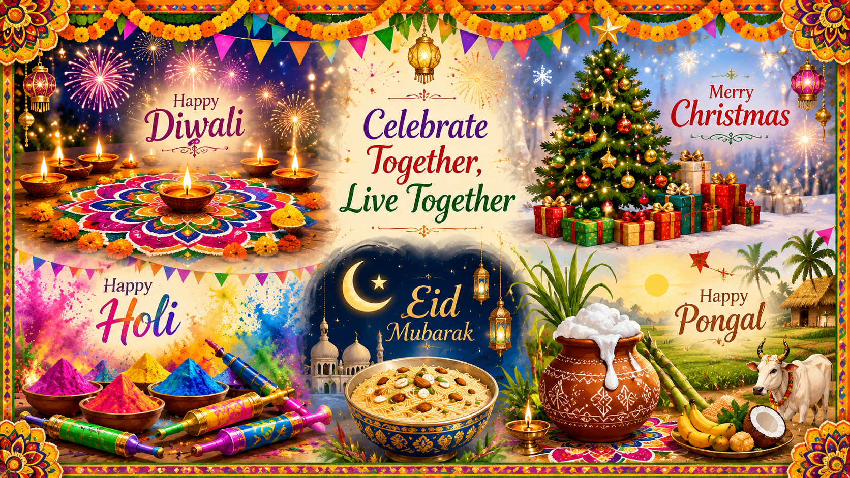 Festival elements collage — rangoli, Christmas tree, colours, seviyan, Pongal pot