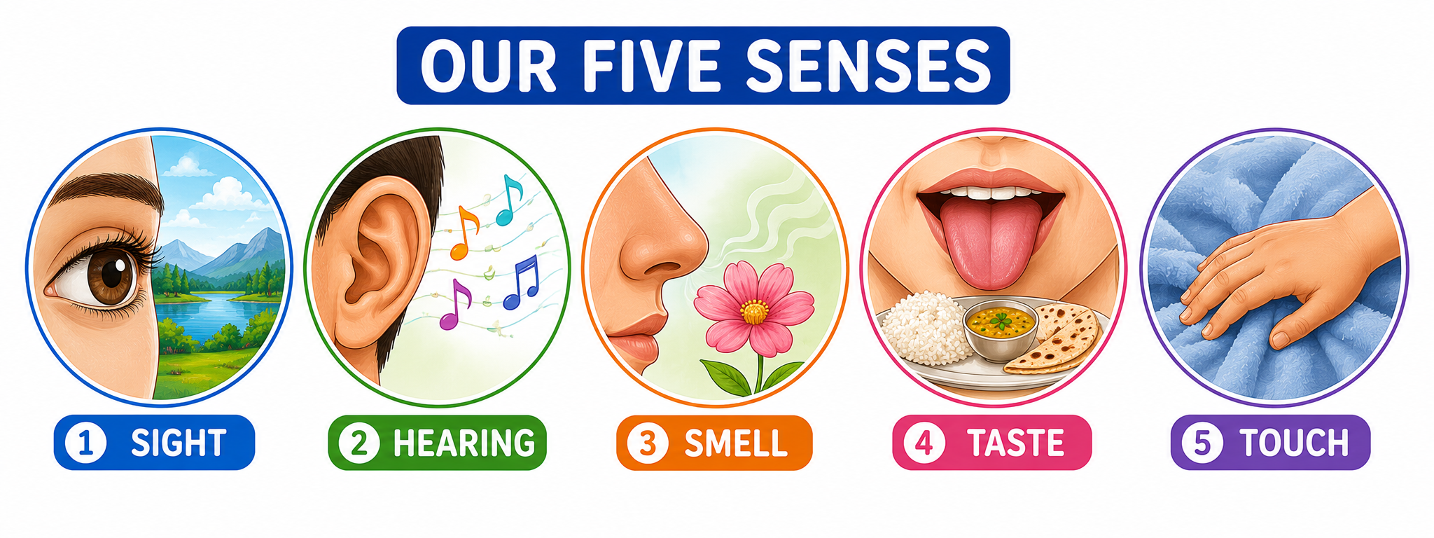 Five sense organs — sight, hearing, smell, taste, touch