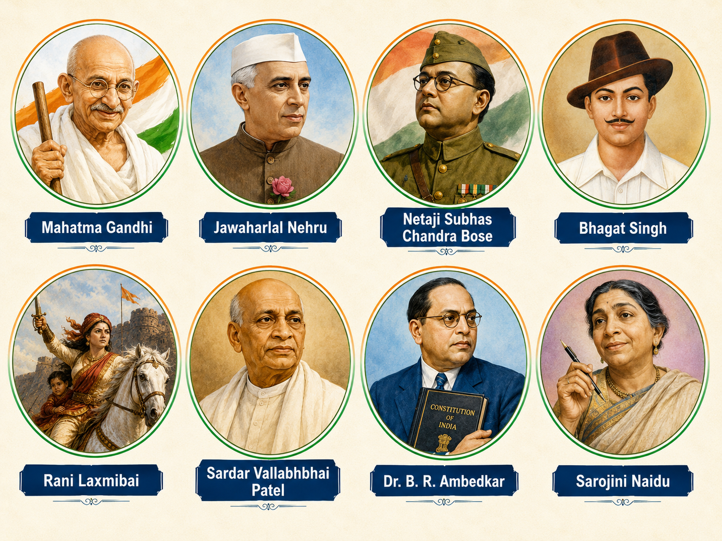 Grid of 8 freedom fighters — Gandhi, Nehru, Bose, Bhagat Singh, Rani Laxmibai, Patel, Ambedkar, Naidu