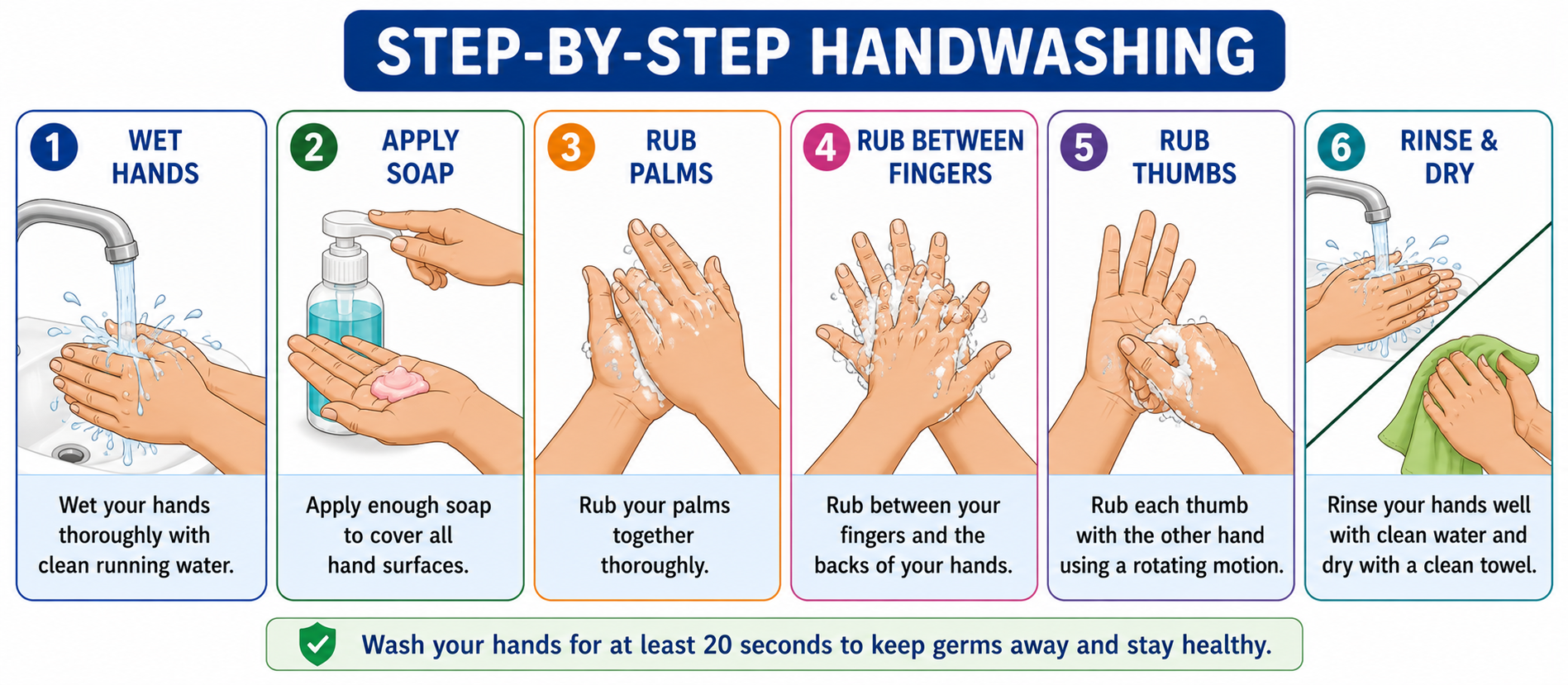 Step-by-step handwashing diagram — 6 steps