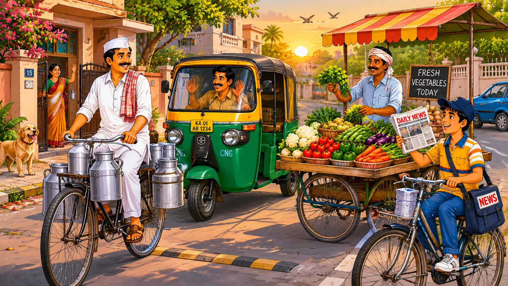 Daily helpers in Indian neighbourhood — milkman, auto driver, vegetable vendor