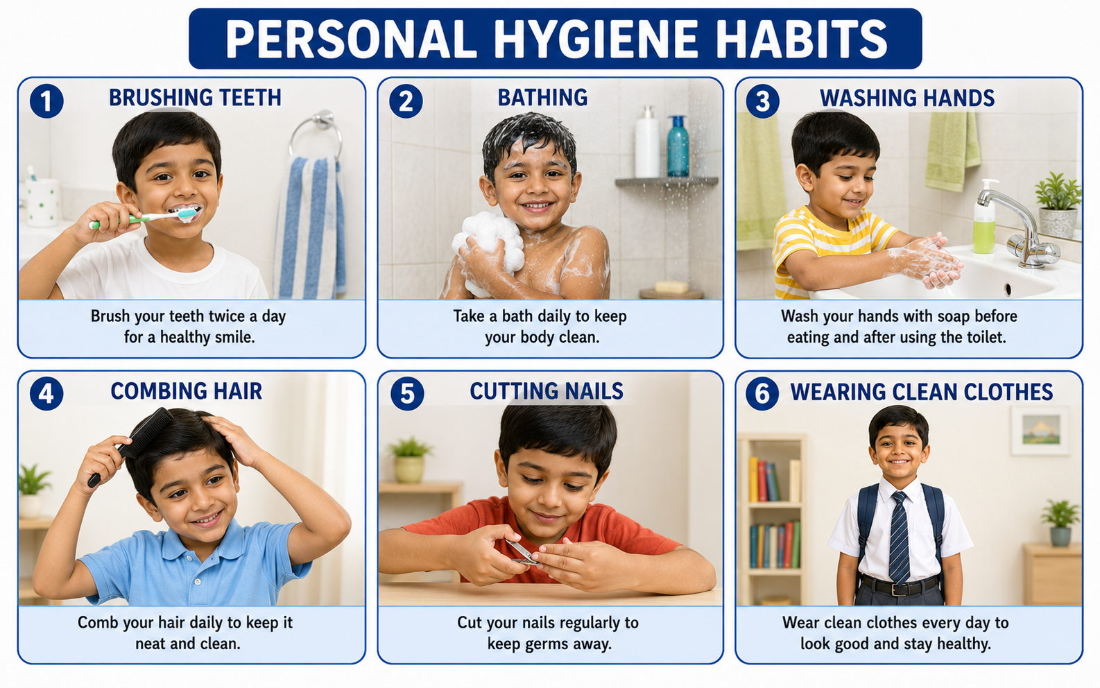 Six personal hygiene habits — brushing, bathing, handwashing, combing, nails, clean clothes