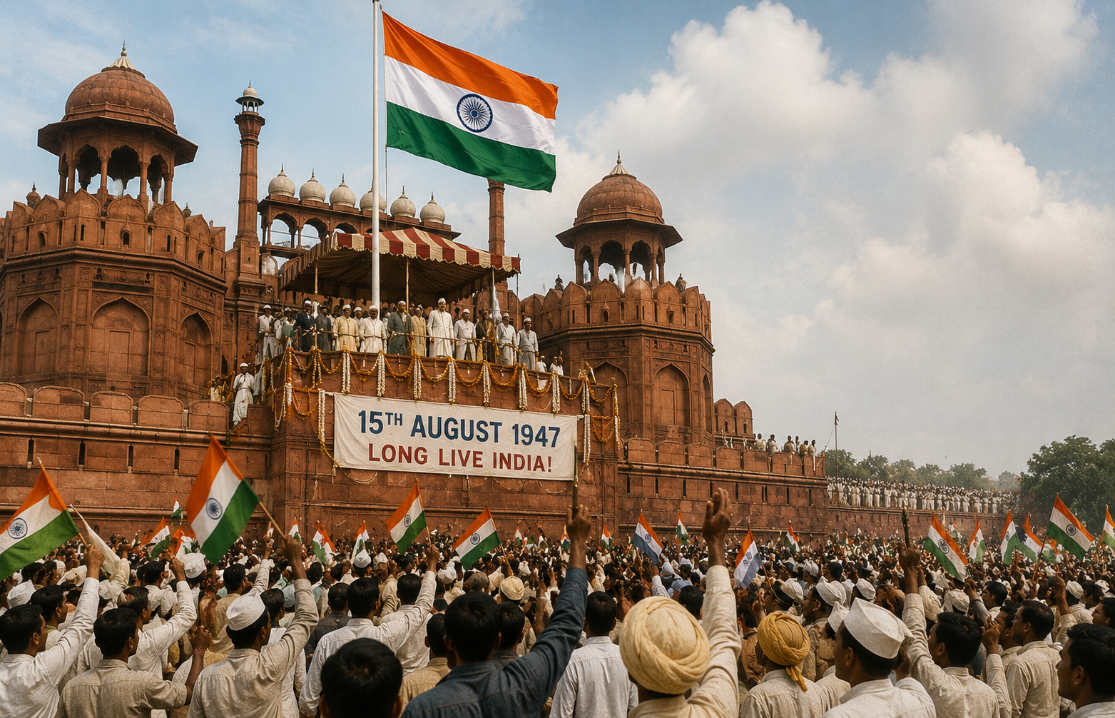 Indian flag being raised at Red Fort on 15 August 1947