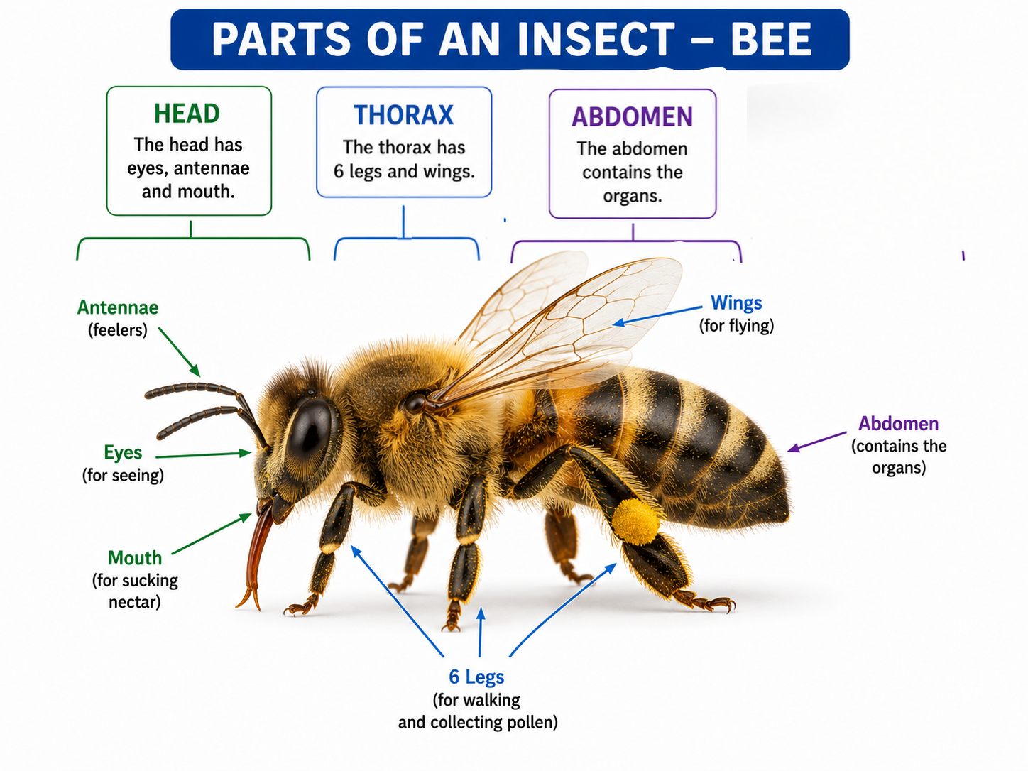 Labelled insect body parts — head, thorax, abdomen