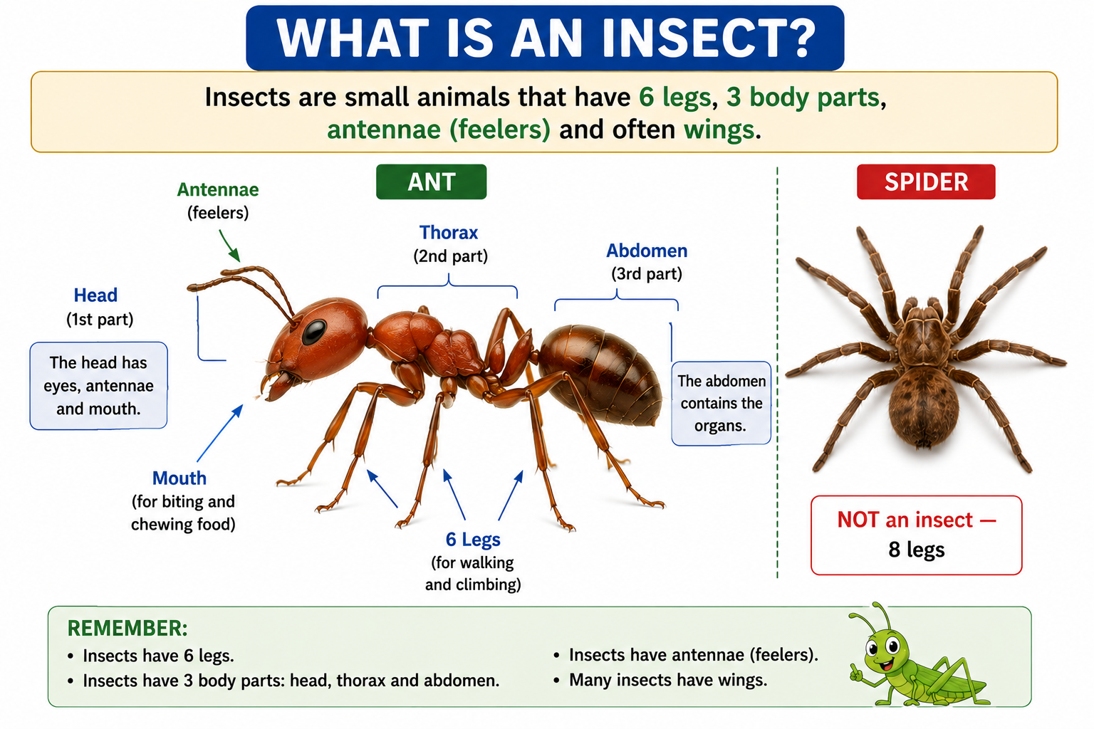 What is an insect — 6 legs, 3 body parts, antennae. Spider is NOT an insect