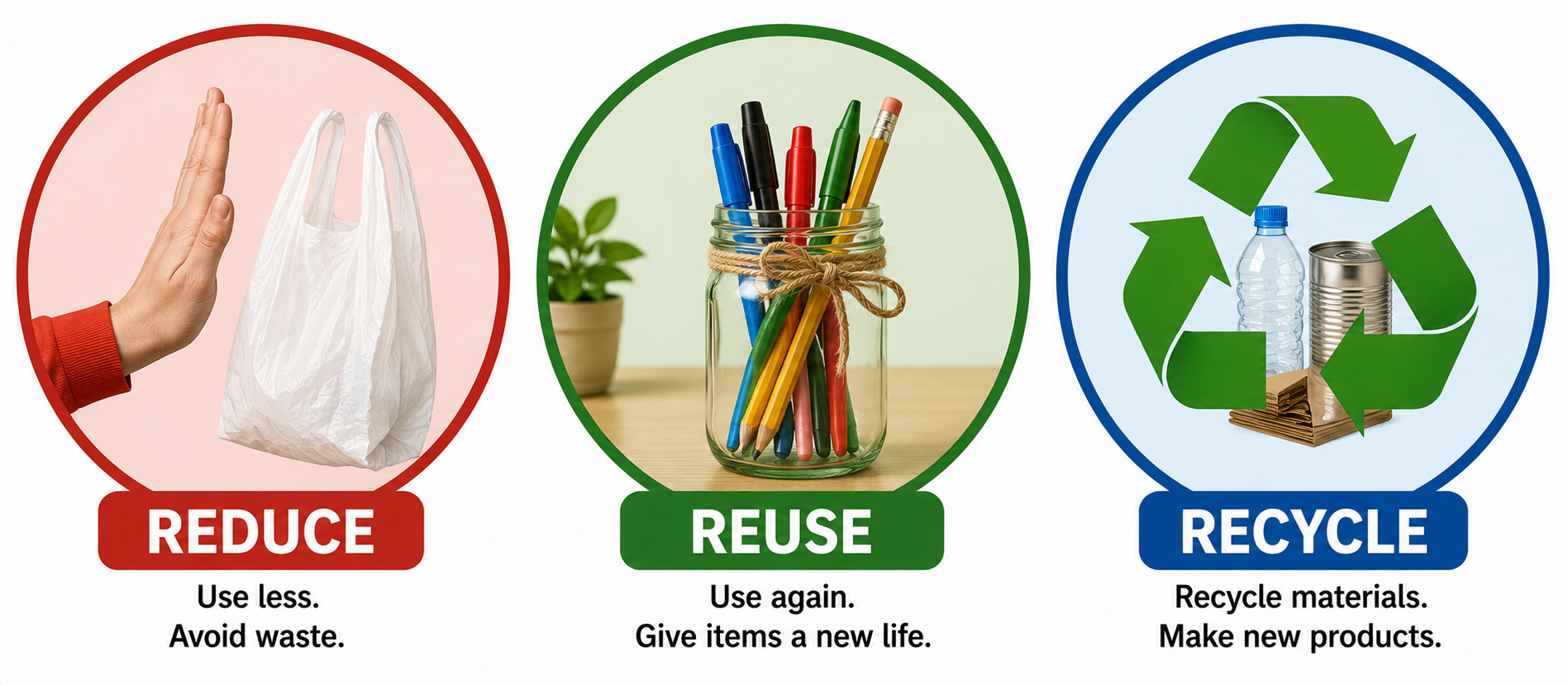 Reduce, Reuse, Recycle — three icons