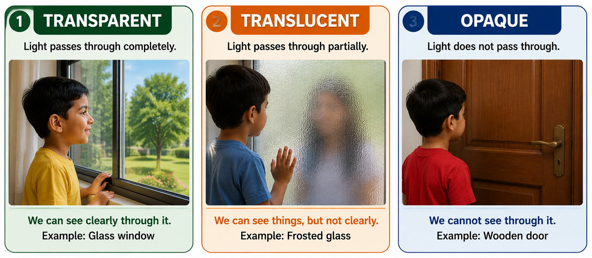 Transparent, translucent, opaque materials