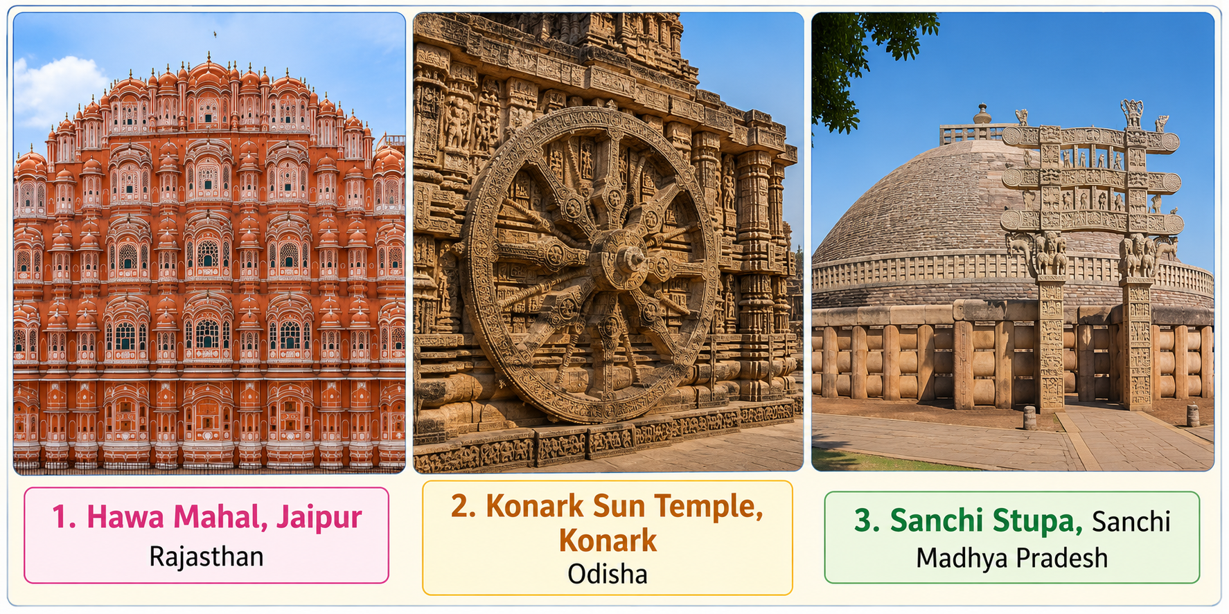 Three monuments — Hawa Mahal, Konark Sun Temple, Sanchi Stupa