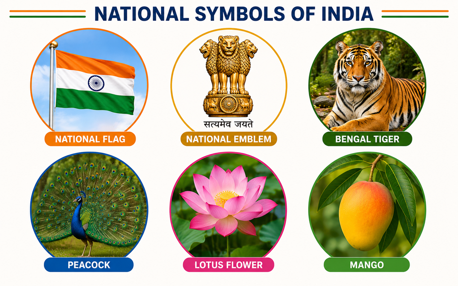 Grid of national symbols — flag, emblem, tiger, peacock, lotus, mango