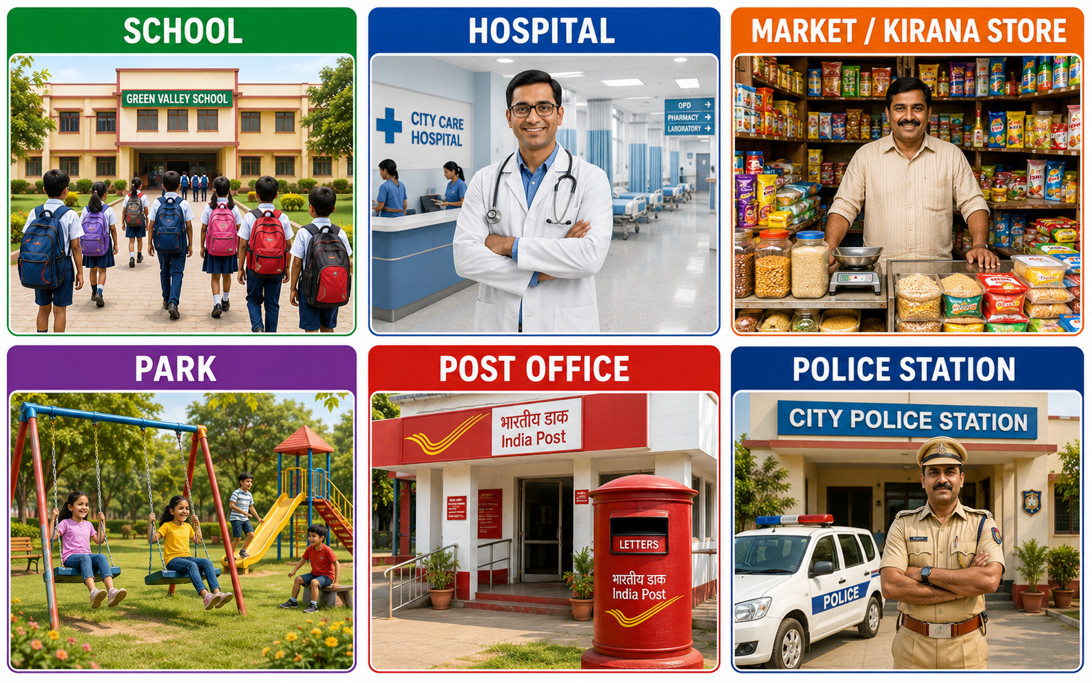 Six neighbourhood places — school, hospital, market, park, post office, police station