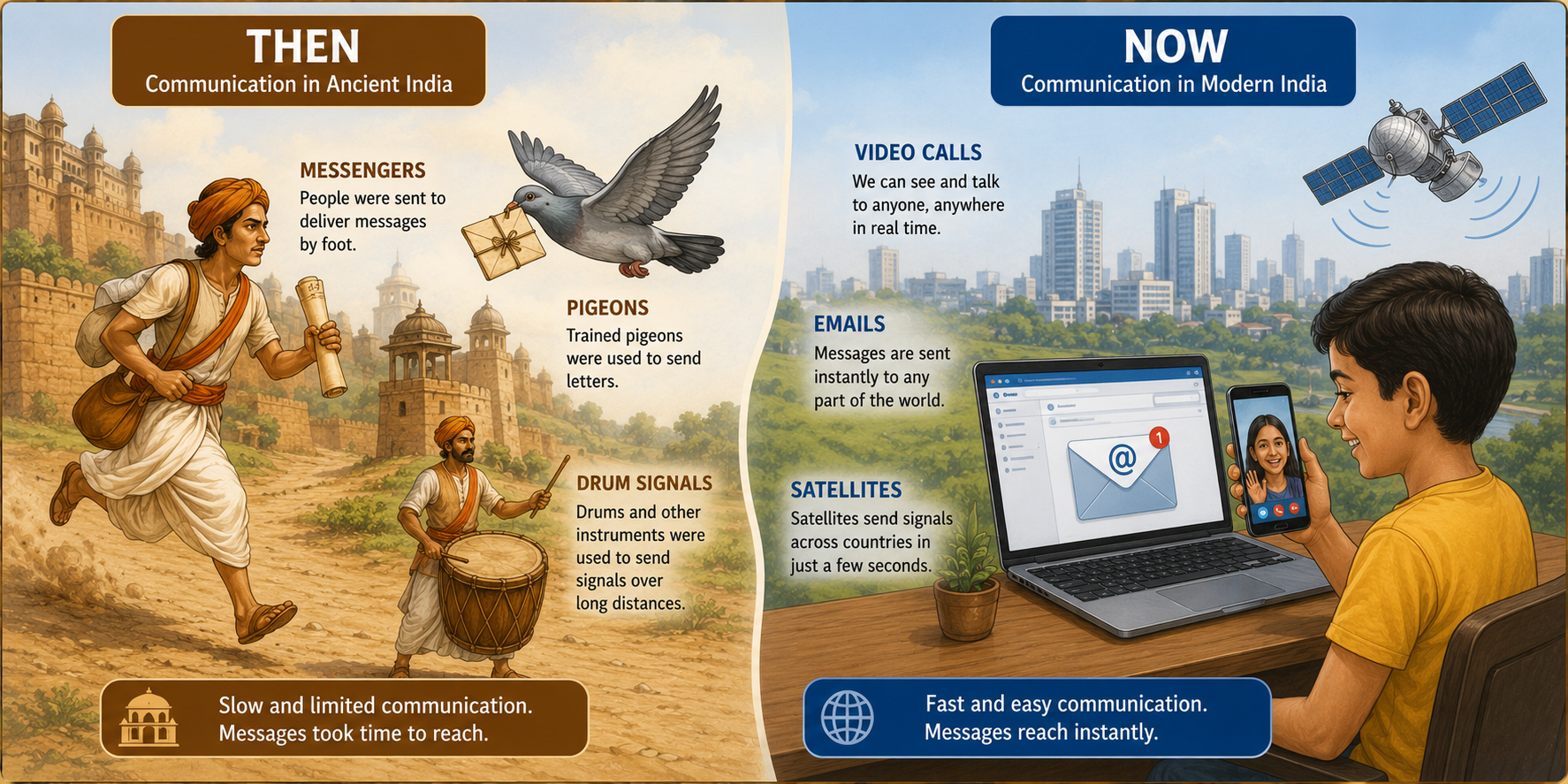 Communication past vs present — pigeon/messenger vs smartphone