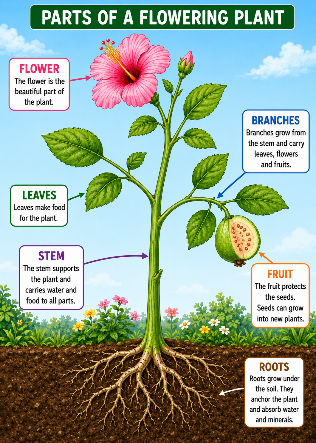 Labelled diagram of a flowering plant showing roots, stem, leaves, flower, fruit, seeds