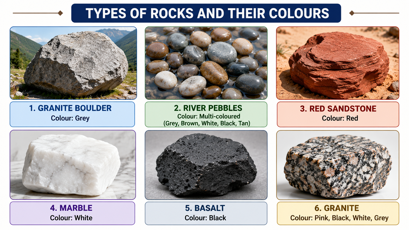Collection of different rocks — boulder, pebbles, sandstone, marble, basalt, granite