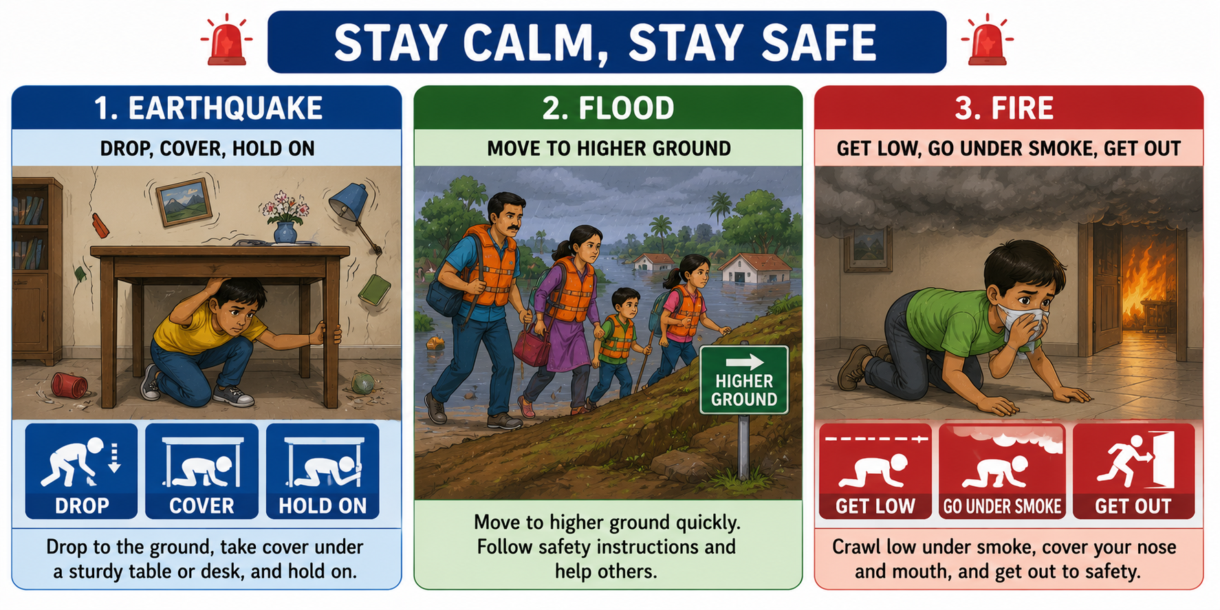 Natural disasters — earthquake, flood, fire safety actions